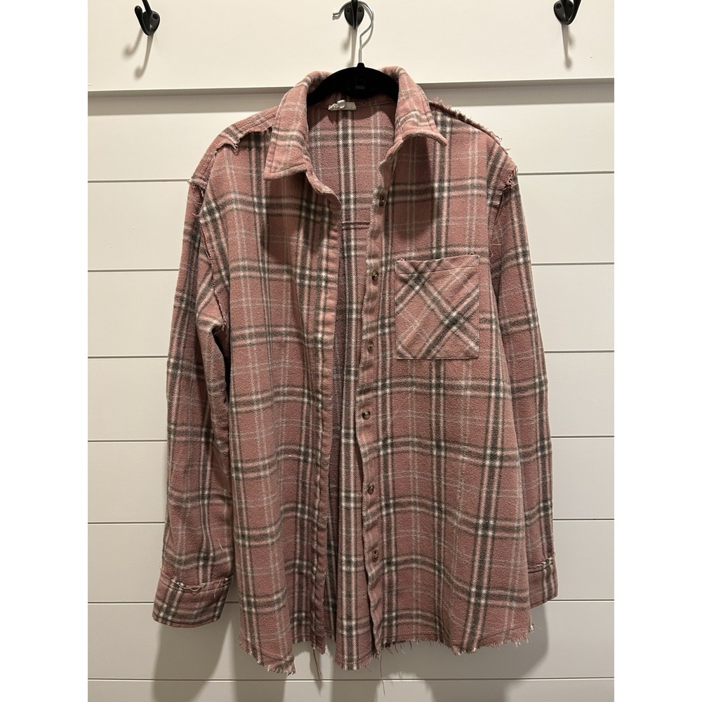 La Miel Women's  Pink Plaid Flannel Shirt Oversized‎ Button Up Size M Fall Layer